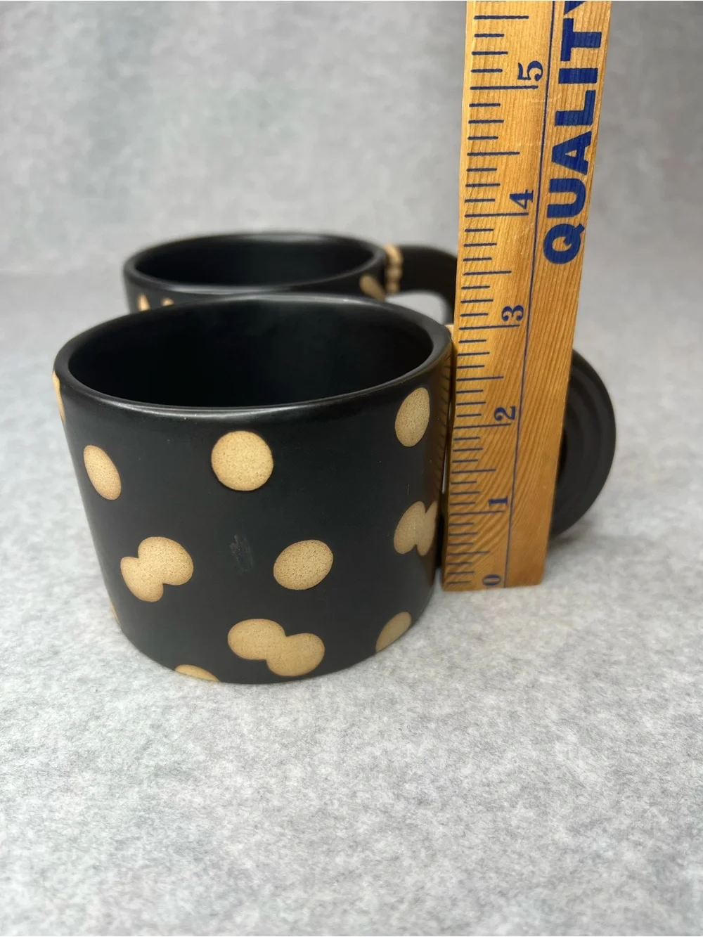 West Elm Ceramic Stoneware 2 Mug Set Black Tan Boho Modern Polka Dots/Stripe